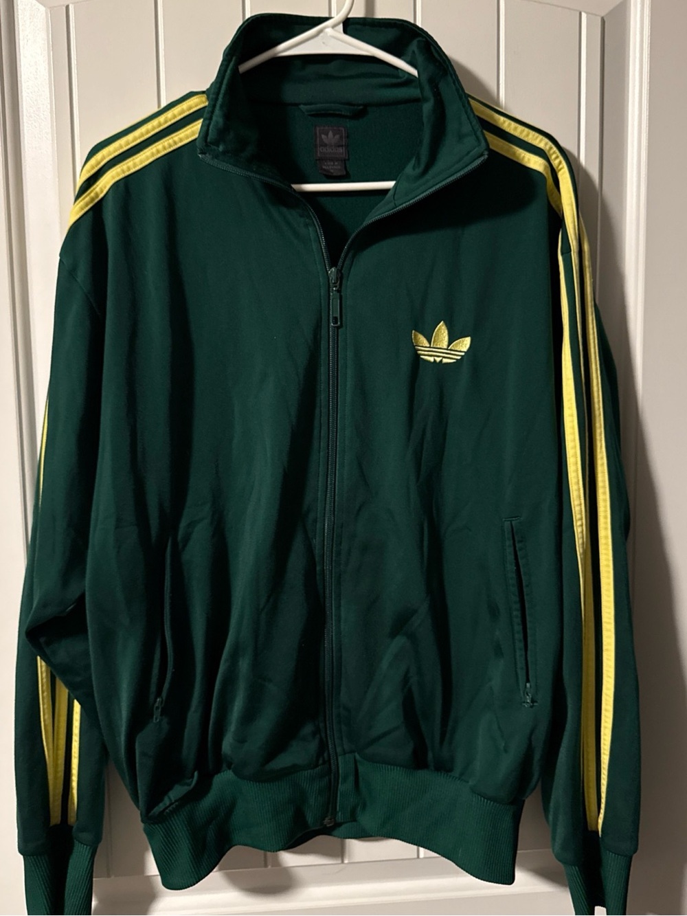 Adidas Originals Men’s Green Track Jacket with Yellow Stripes Mens